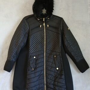 MICHAEL KORS Women's Long Coat 2X Black/Gold Quilted Fur Hood Winter Jacket